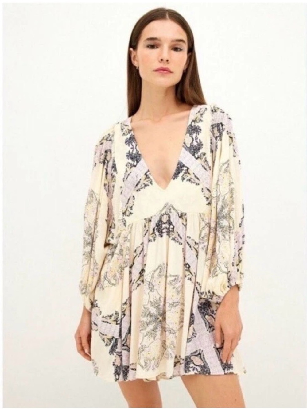 Free People Girl Talk Tunic Dress Ivory Paisley Bohemian POCKETS Woman’s Sz S